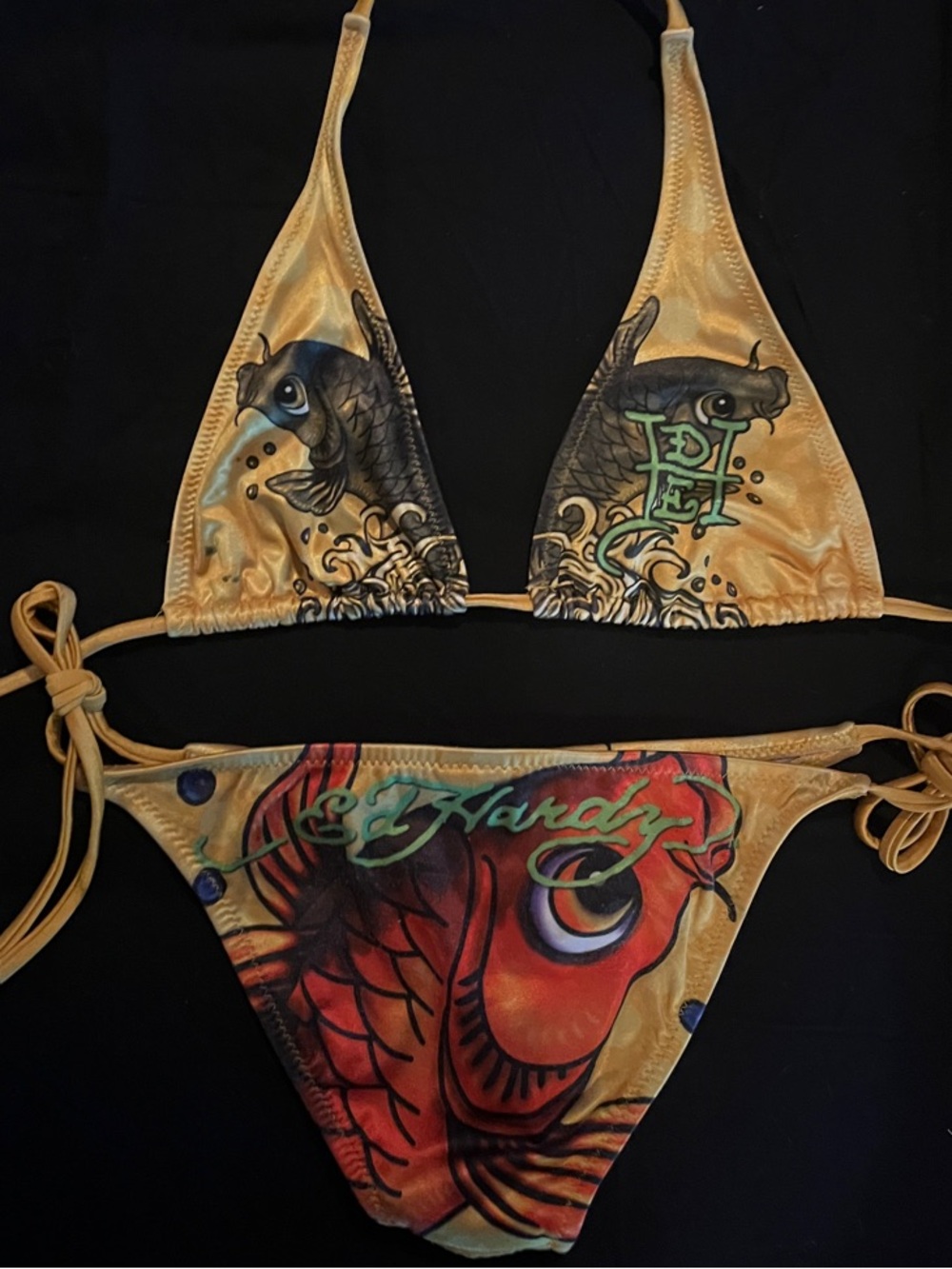 Ed Hardy Vintage Gold Triangle Bikini with Red & Black Koi Tattoo Fish Print